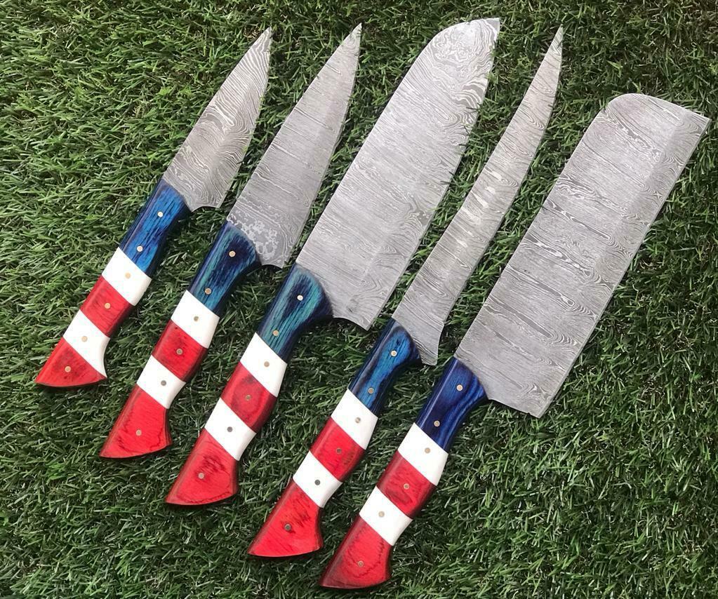 Custom Handmade Twist Damascus Steel Chef Knife Set | Paka Wood Handle