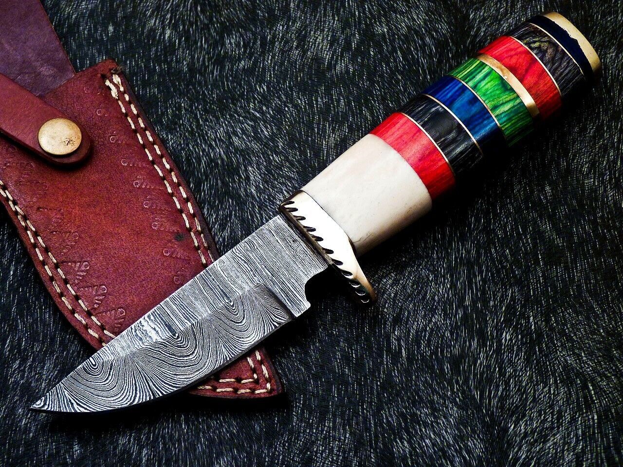 9" Custom Handmade Damascus Bowie Knife – Camel Bone & Hardwood Handle