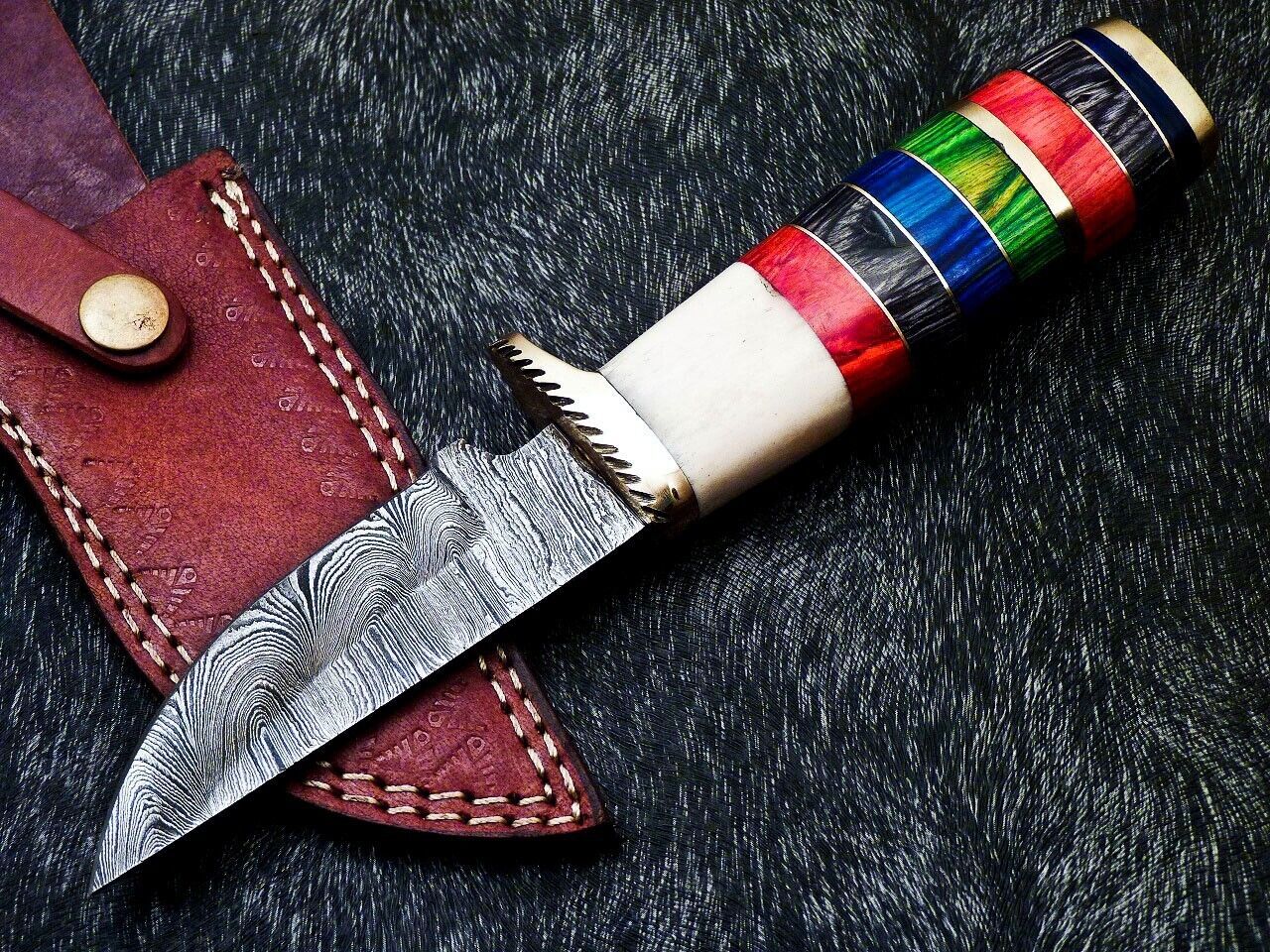 9" Custom Handmade Damascus Bowie Knife – Camel Bone & Hardwood Handle