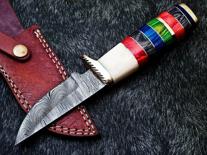 9" Custom Handmade Damascus Bowie Knife – Camel Bone & Hardwood Handle