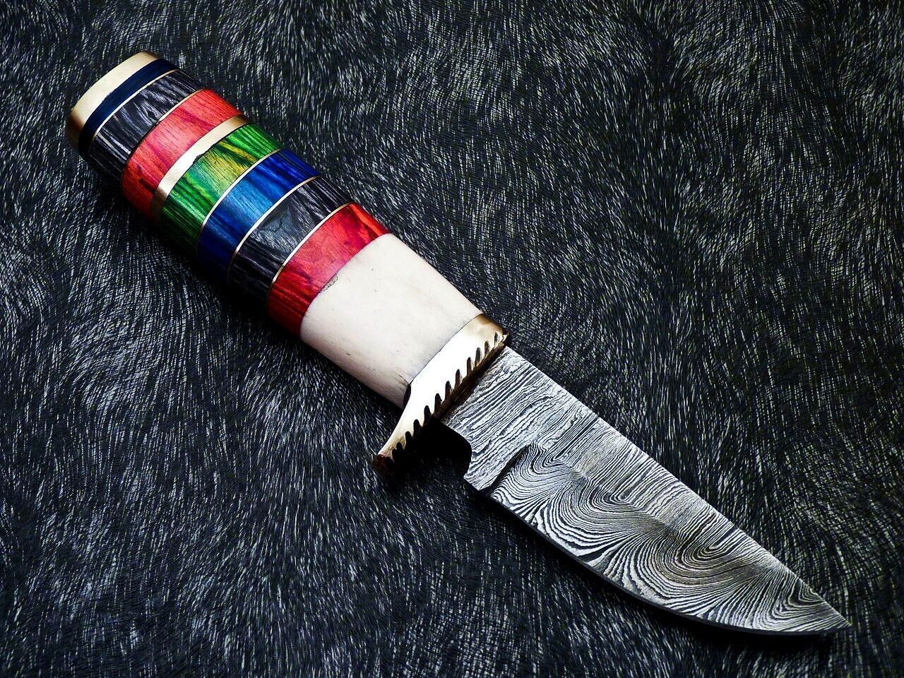 9" Custom Handmade Damascus Bowie Knife – Camel Bone & Hardwood Handle