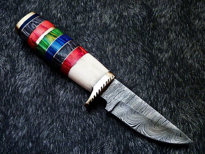 9" Custom Handmade Damascus Bowie Knife – Camel Bone & Hardwood Handle
