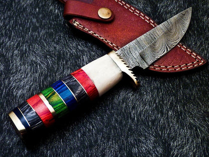 9" Custom Handmade Damascus Bowie Knife – Camel Bone & Hardwood Handle