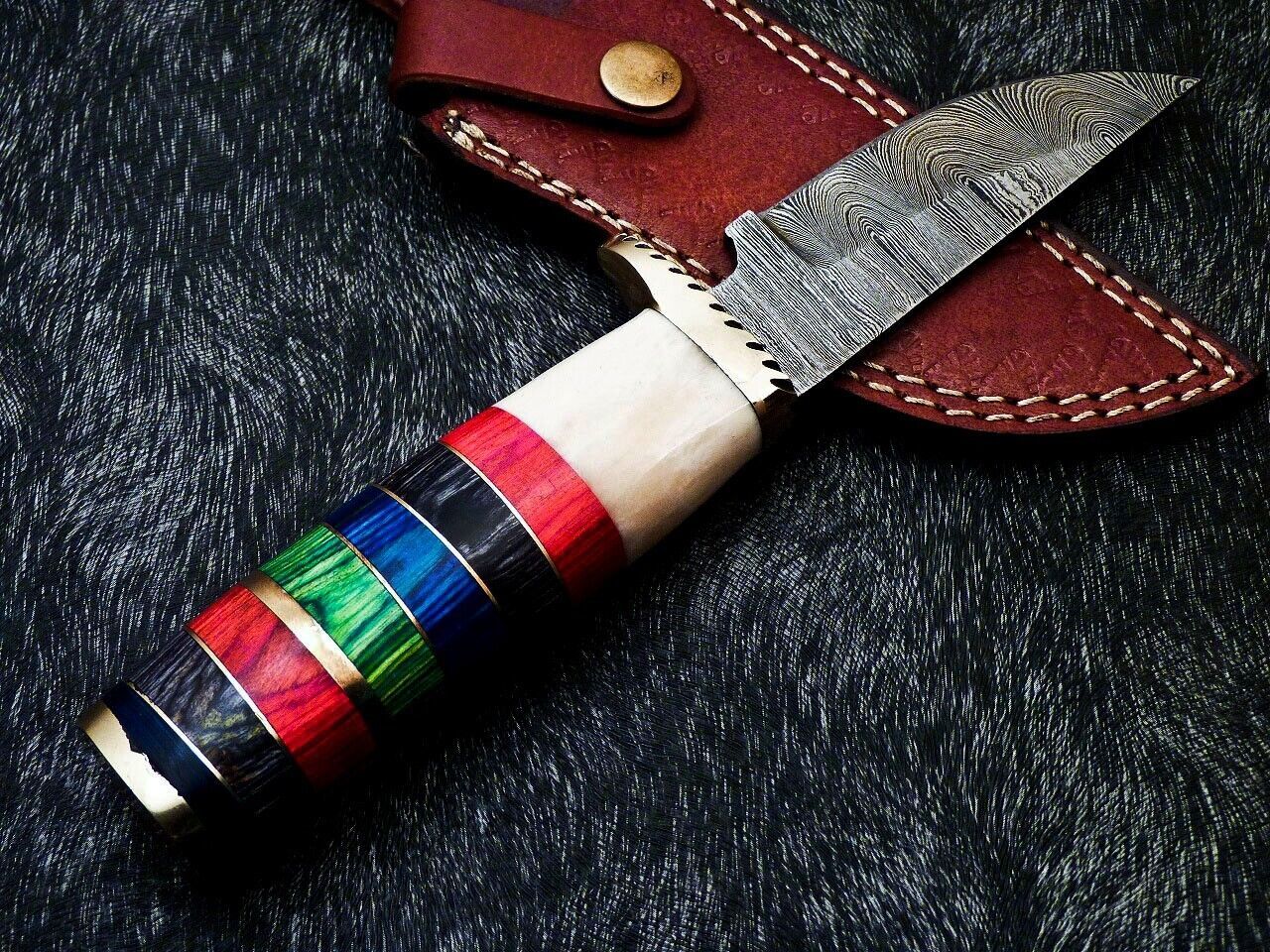 9" Custom Handmade Damascus Bowie Knife – Camel Bone & Hardwood Handle