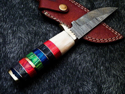 9" Custom Handmade Damascus Bowie Knife – Camel Bone & Hardwood Handle