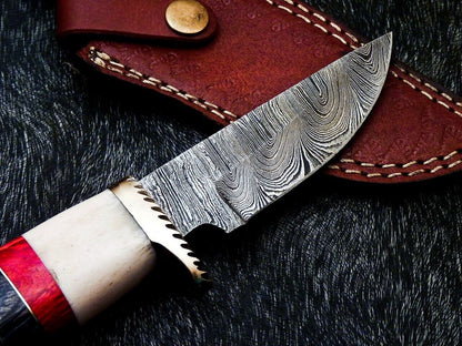 9" Custom Handmade Damascus Bowie Knife – Camel Bone & Hardwood Handle