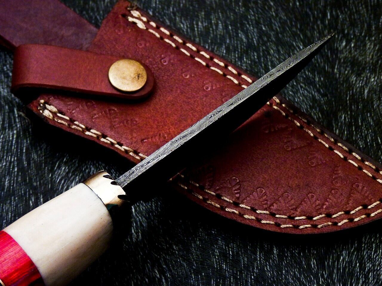 9" Custom Handmade Damascus Bowie Knife – Camel Bone & Hardwood Handle