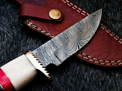 9" Custom Handmade Damascus Bowie Knife – Camel Bone & Hardwood Handle