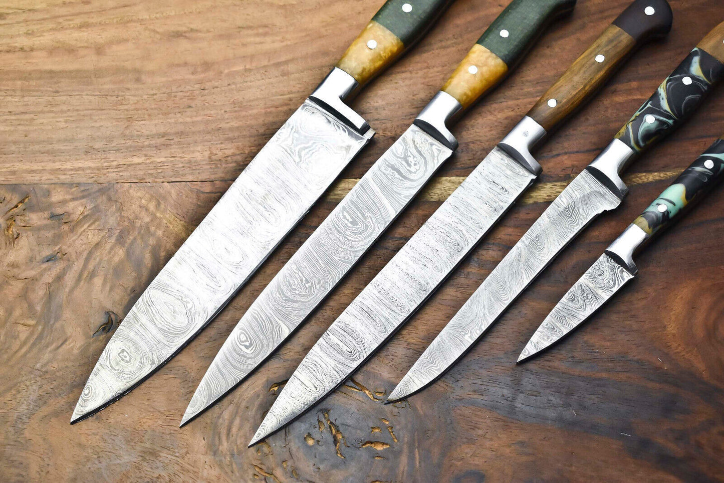 Premium Lot of 5 Handmade Hammered Damascus Steel Chef Knives – Full Tang, Handcrafted