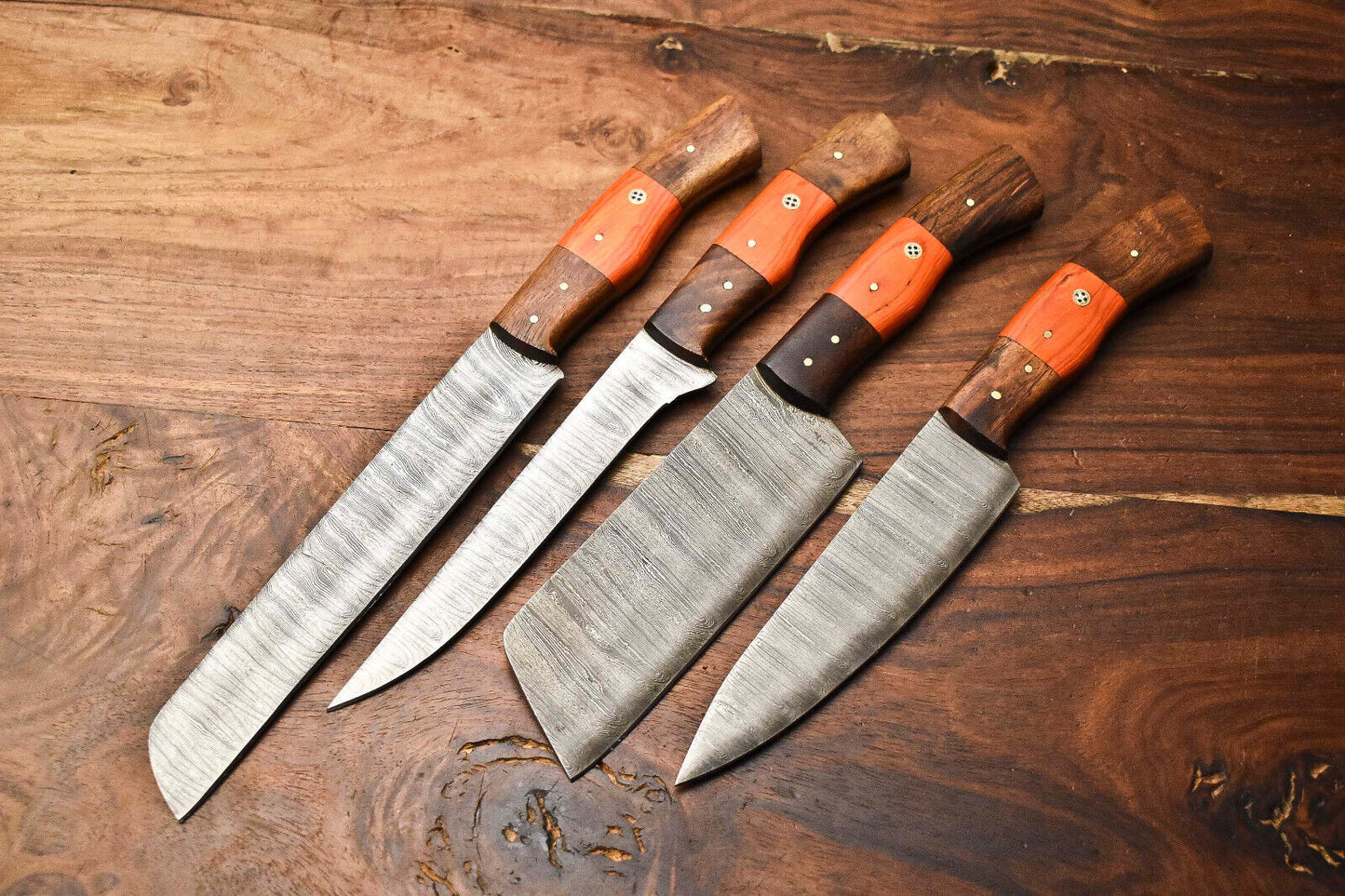 Set of 4 Handmade Damascus Steel Chef Knives – Premium Layered Damascus Blades