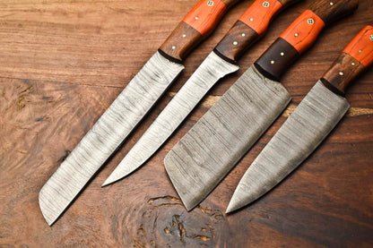 Set of 4 Handmade Damascus Steel Chef Knives – Premium Layered Damascus Blades