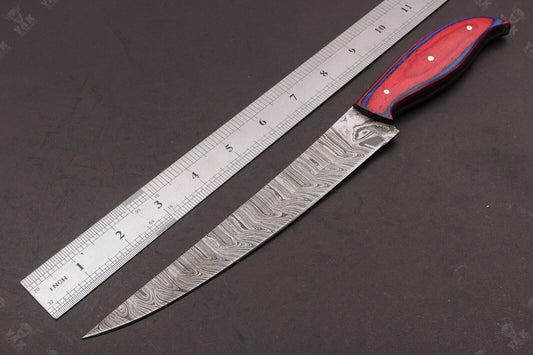 13" Custom Hand forged Damascus Steel Fillet Knife Best Fillet Knife With Leather Sheath