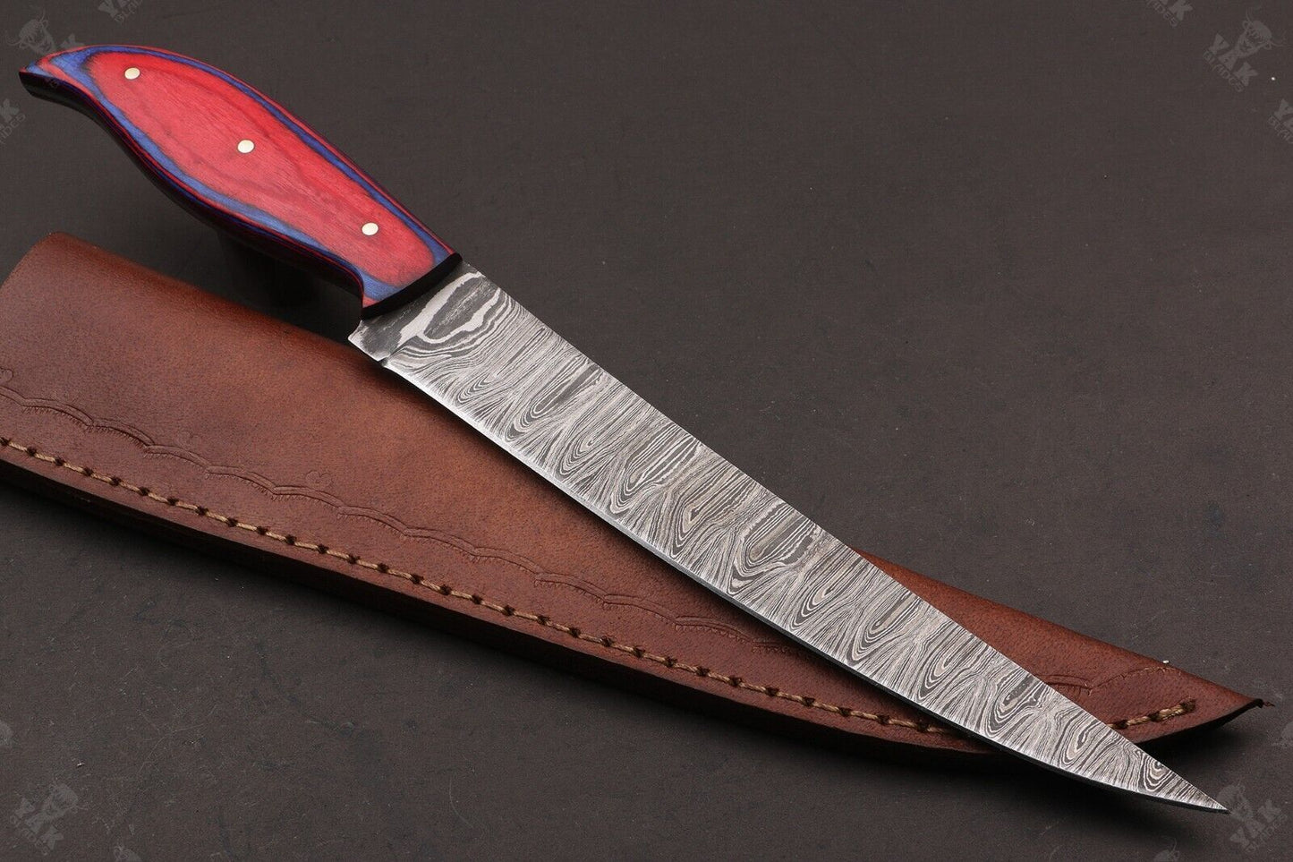 13" Custom Hand forged Damascus Steel Fillet Knife Best Fillet Knife With Leather Sheath
