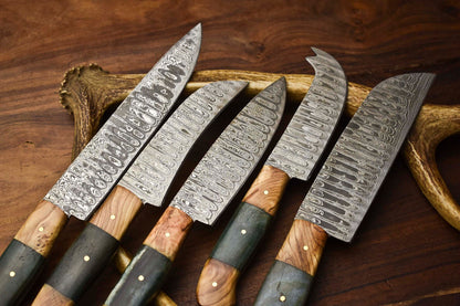 Premium 5-Piece Handmade Hammered Damascus Steel Chef Knife Set – Professional Kitchen Blades