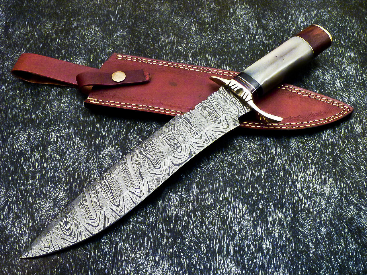 15" Hand Forged Damascus Bowie Hunting Knife – Stained Camel Bone & Wood Handle