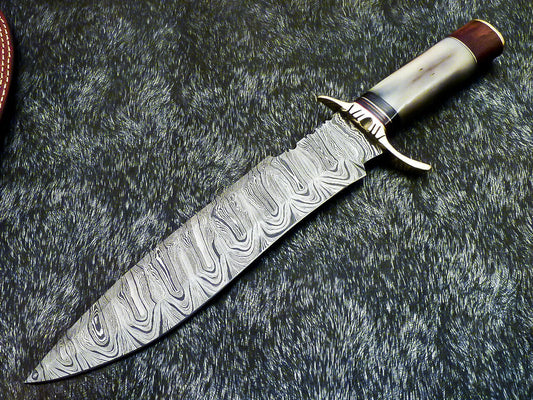 15" Hand Forged Damascus Bowie Hunting Knife – Stained Camel Bone & Wood Handle