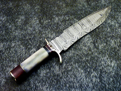 15" Hand Forged Damascus Bowie Hunting Knife – Stained Camel Bone & Wood Handle