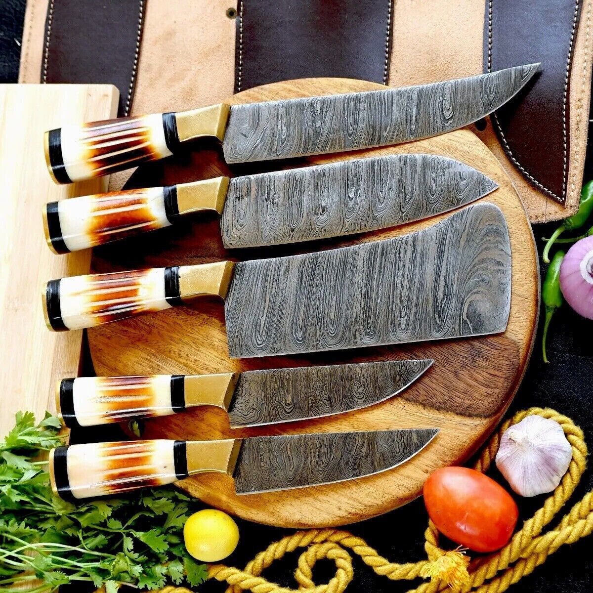 CUSTOM HANDMADE DAMASCUS STEEL CHEF KNIVES KITCHEN KNIFE SET