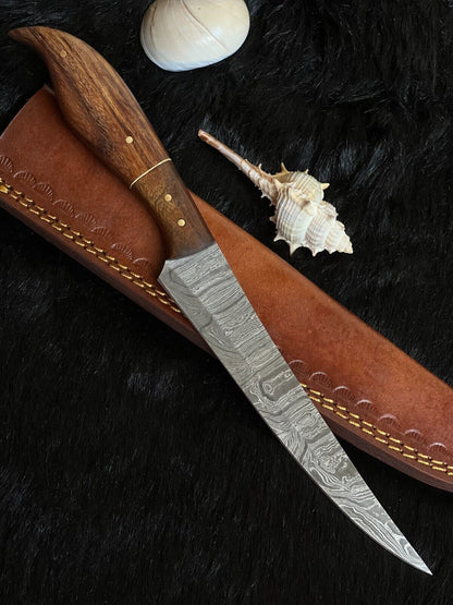 12" Handmade Damascus Bowie Knife – Camel Bone & Wood Handle | Twist Pattern Blade