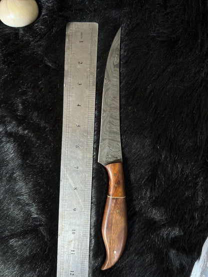 12" Handmade Damascus Bowie Knife – Camel Bone & Wood Handle | Twist Pattern Blade