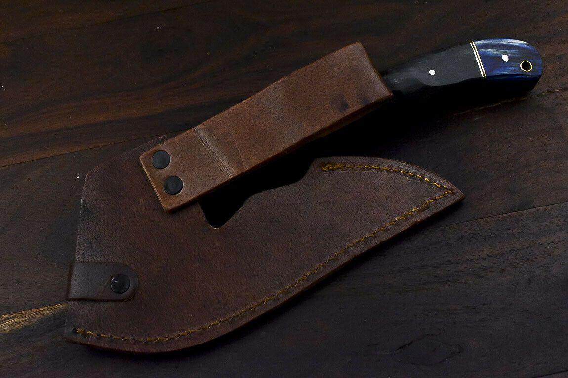 Handmade Damascus Steel Hunting Axe Knife Ram's Horn Handle Clever Chopper with Leather Sheath