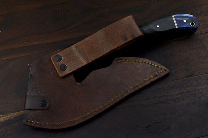 Handmade Damascus Steel Hunting Axe Knife Ram's Horn Handle Clever Chopper with Leather Sheath