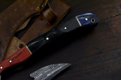Handmade Damascus Steel Hunting Axe Knife Ram's Horn Handle Clever Chopper with Leather Sheath
