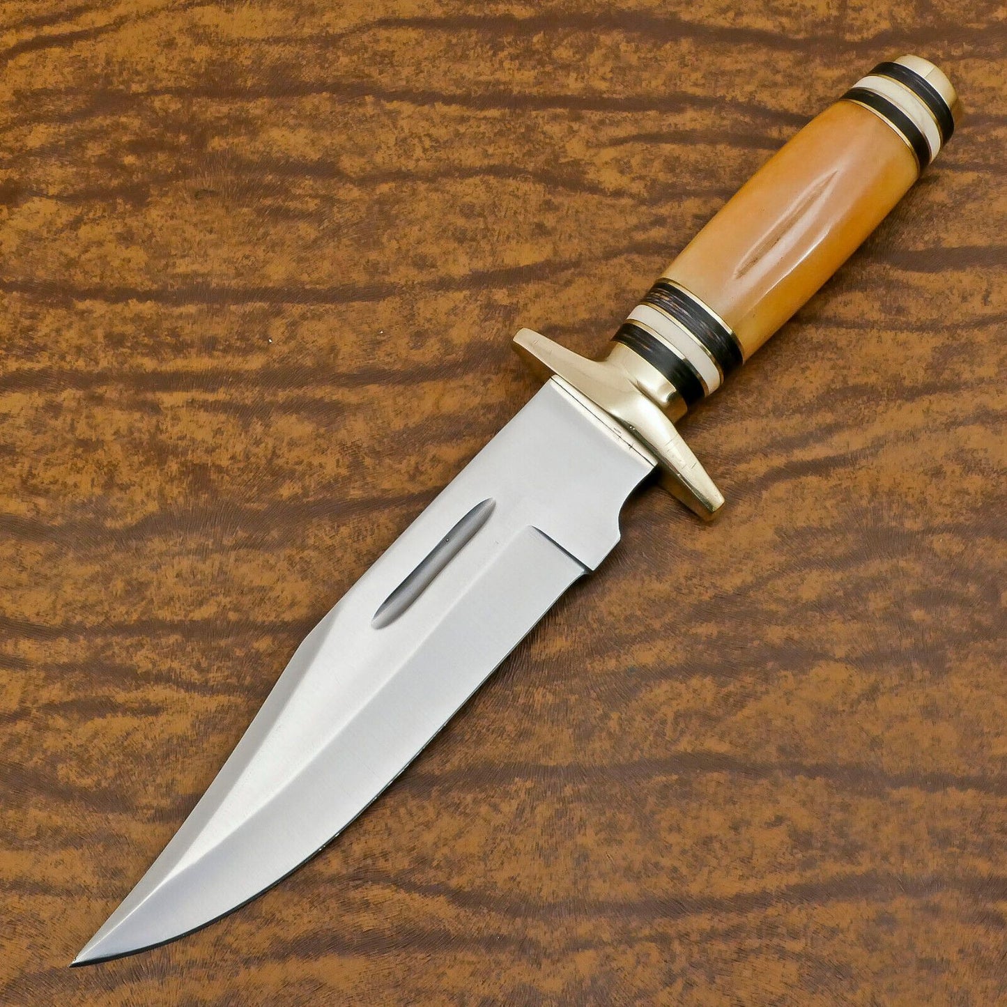 Handmade D2 Clip Point Bowie EDC Hunting Knife – Bone & Wood Handle with Sheath
