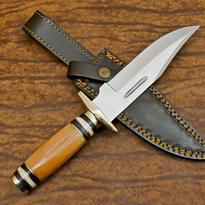 Handmade D2 Clip Point Bowie EDC Hunting Knife – Bone & Wood Handle with Sheath