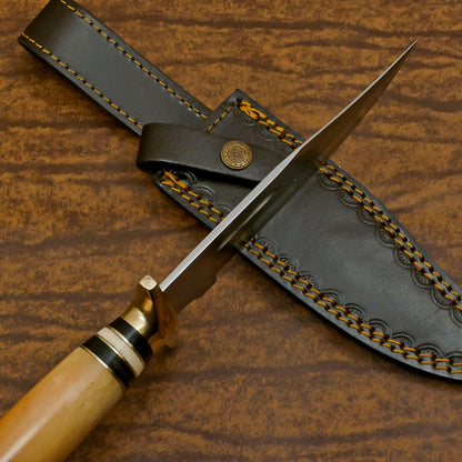 Handmade D2 Clip Point Bowie EDC Hunting Knife – Bone & Wood Handle with Sheath