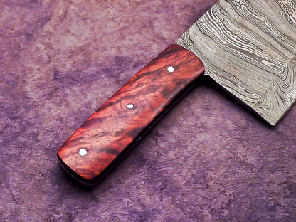 12" Professional Handmade Damascus Steel Chopper Cleaver Knife with Hard Wood Handle + Leather Sheath