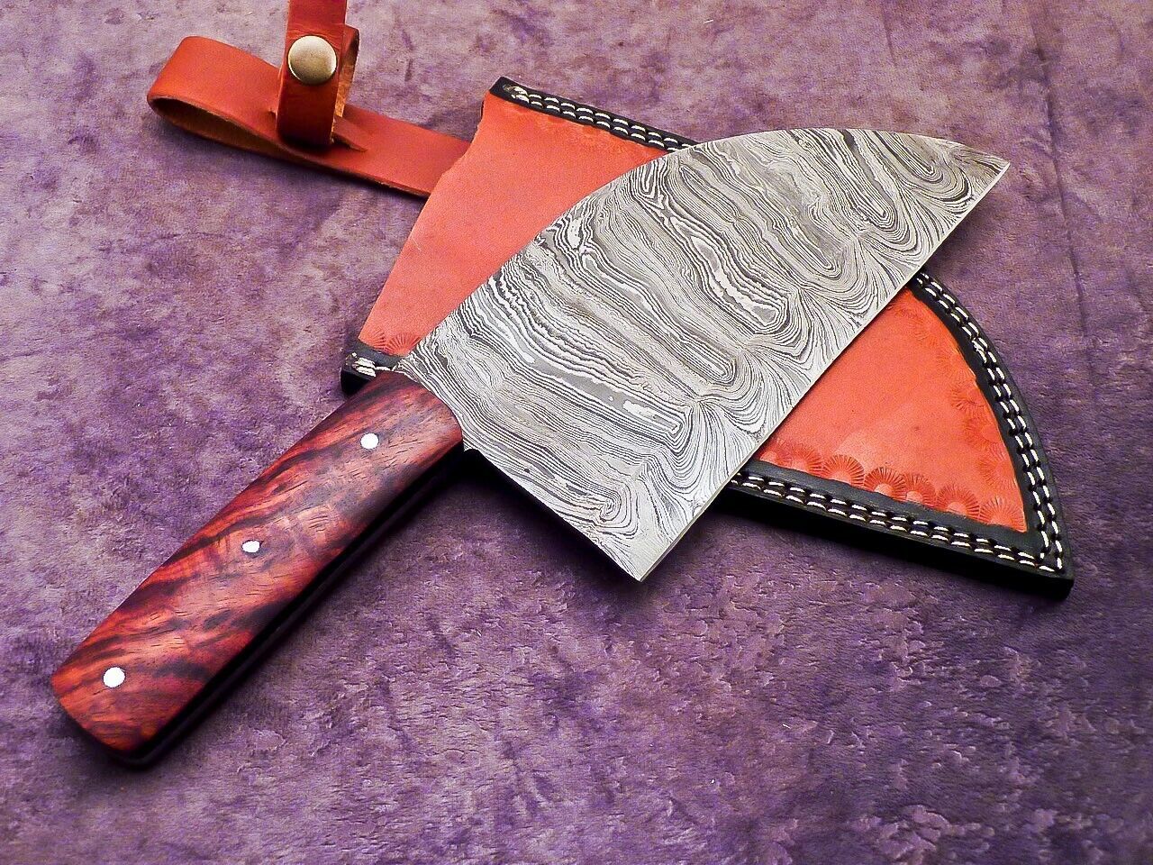 12" Professional Handmade Damascus Steel Chopper Cleaver Knife with Hard Wood Handle + Leather Sheath