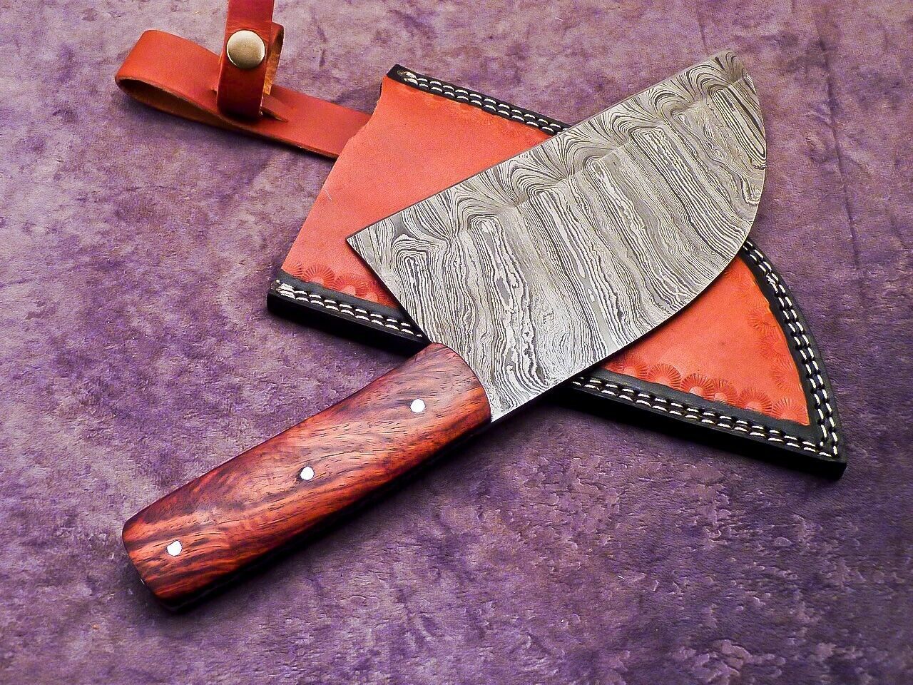 12" Professional Handmade Damascus Steel Chopper Cleaver Knife with Hard Wood Handle + Leather Sheath