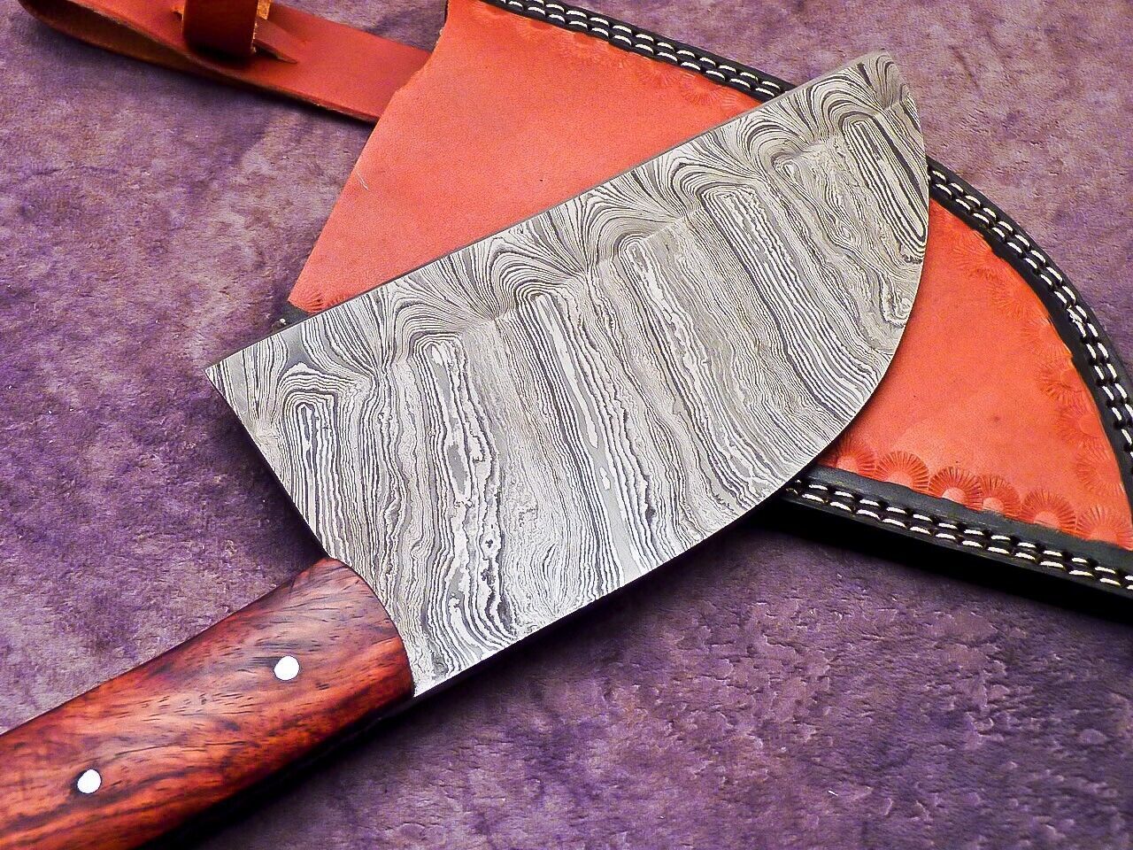 12" Professional Handmade Damascus Steel Chopper Cleaver Knife with Hard Wood Handle + Leather Sheath
