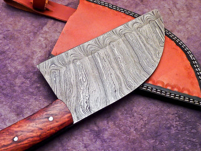12" Professional Handmade Damascus Steel Chopper Cleaver Knife with Hard Wood Handle + Leather Sheath