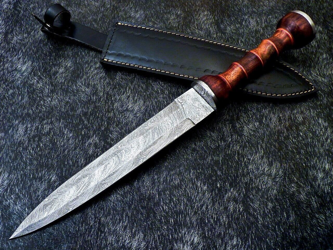 16.5 Inch Damascus Dagger Knife with Natural Wood Handle and Brass Spacers