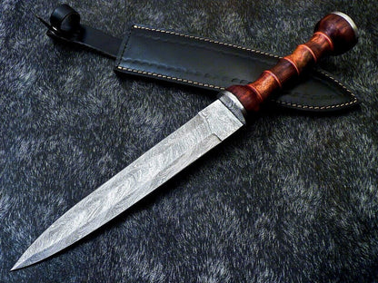 16.5 Inch Damascus Dagger Knife with Natural Wood Handle and Brass Spacers