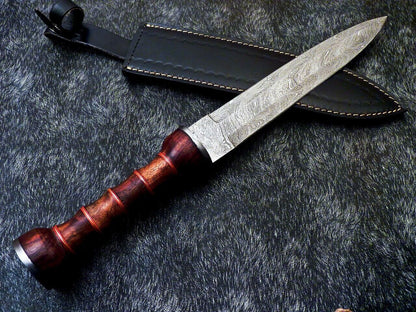 16.5 Inch Damascus Dagger Knife with Natural Wood Handle and Brass Spacers