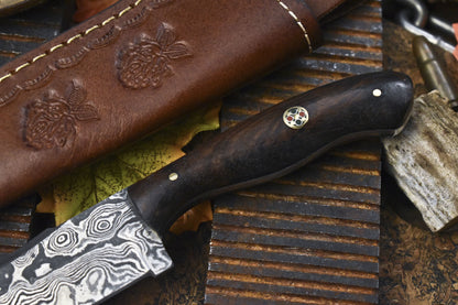 Hand Crafted Rain Drop Damascus Skinner Knife 8 Inch with Walnut Wood Handle W/ Leather Sheath