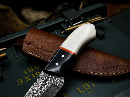 Handmade Damascus Steel Hunting Survival Knife Camel Bone Handle, Leather Sheath
