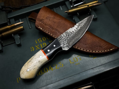 Handmade Damascus Steel Hunting Survival Knife Camel Bone Handle, Leather Sheath