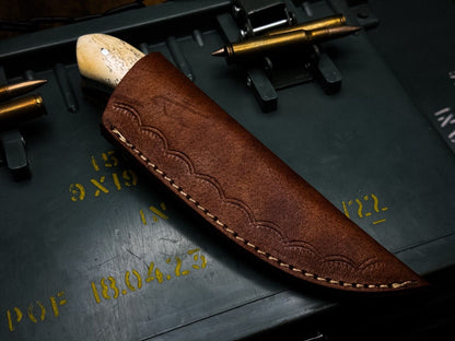 Handmade Damascus Steel Hunting Survival Knife Camel Bone Handle, Leather Sheath