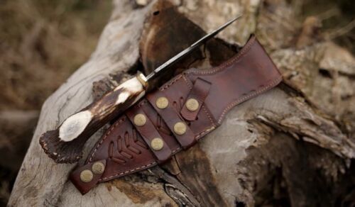 10 Inch Custom Forged Damascus Gut Hook Hunting Knife with Deer Crown Stag Handle