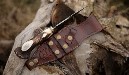 10 Inch Custom Forged Damascus Gut Hook Hunting Knife with Deer Crown Stag Handle