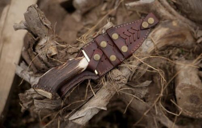 10 Inch Custom Forged Damascus Gut Hook Hunting Knife with Deer Crown Stag Handle