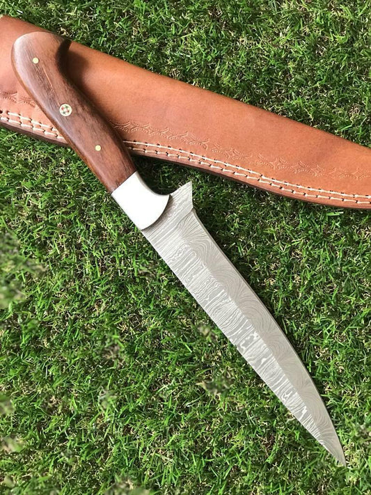 12.5" Custom Handmade Twist Damascus Steel Fillet Knife & Best Fillet Knife With Walnut Handle