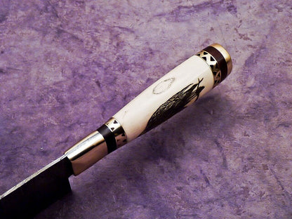 Beautiful Custom Handmade Chef Knife Damascus Camel Bone Scrimshaw EDC Bushcraft
