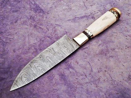 Beautiful Custom Handmade Chef Knife Damascus Camel Bone Scrimshaw EDC Bushcraft