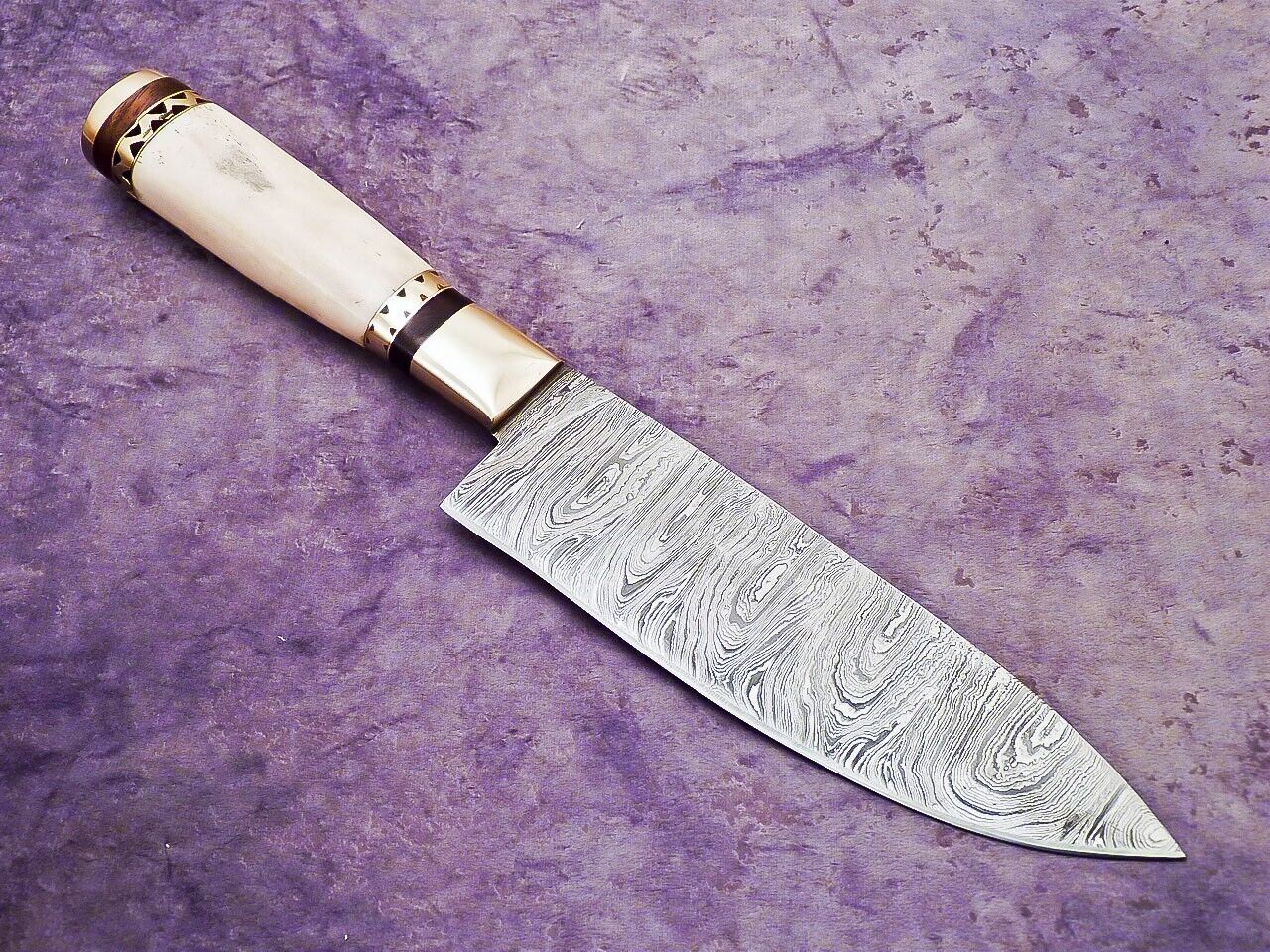 Beautiful Custom Handmade Chef Knife Damascus Camel Bone Scrimshaw EDC Bushcraft