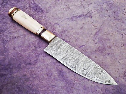 Beautiful Custom Handmade Chef Knife Damascus Camel Bone Scrimshaw EDC Bushcraft